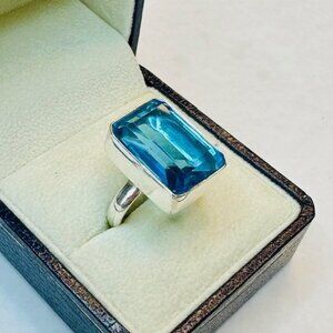 Blue Topaz Sterling Silver Emerald Cut Ring Size 6.5